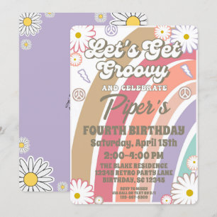 Invitación Groovy Hippy Boho Chicas Arcoiris y Daisy Cumpleañ
