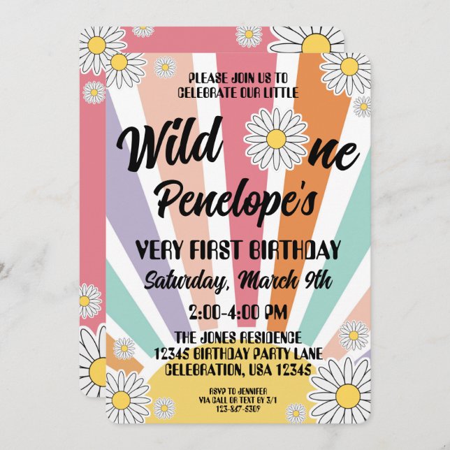 Invitación Groovy Hippy Sun & Daisy Primer cumpleaños (Anverso / Reverso)