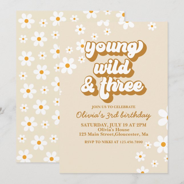 Invitación Groovy Joven Salvaje Tres Retró Daisy 3er Cumpleañ (Anverso / Reverso)
