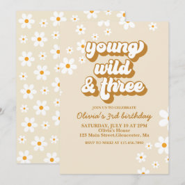 Invitación Groovy Joven Salvaje Tres Retró Daisy 3er Cumpleañ