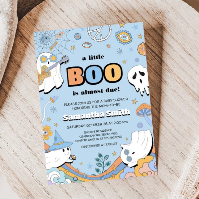 Invitación Groovy Little Boo Halloween Baby Shower (Spooky Boy Ghost Baby Shower Invitation)