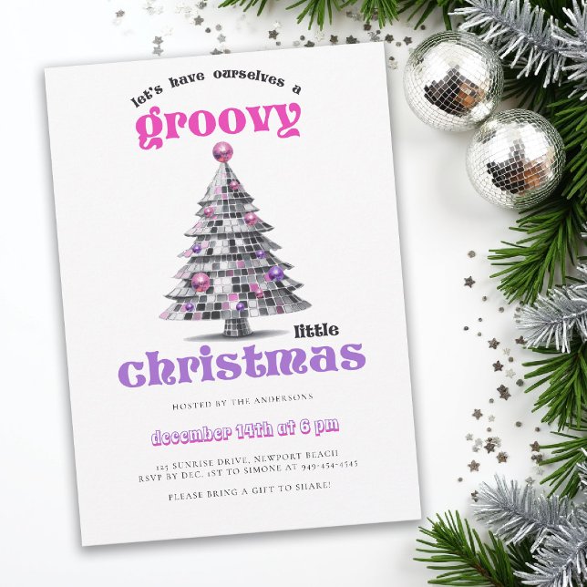 Invitación Groovy Little Christmas Disco Ball Christmas Party (christmas party invitation corporate business disco tree groovy 70s hot pink black elegant fun)
