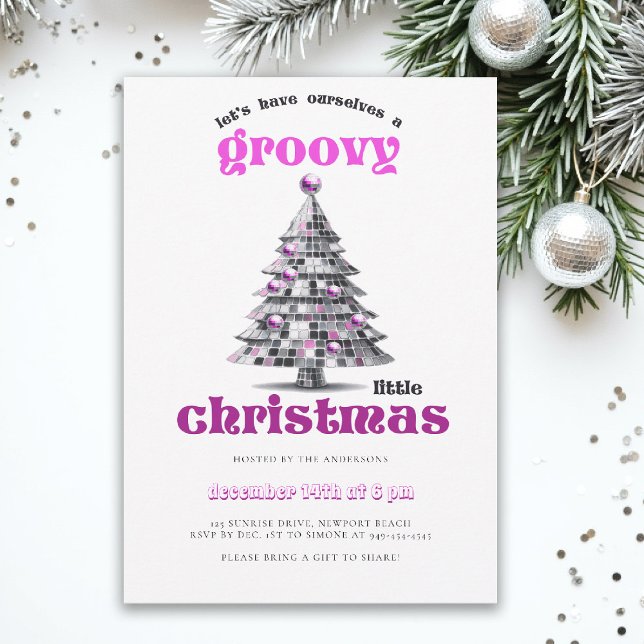 Invitación Groovy Little Christmas Disco Pink Christmas Party (christmas party invitation corporate business disco groovy 70s hot pink black elegant fun tree)