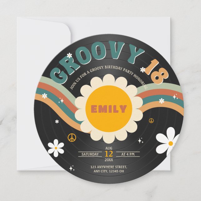 Invitación Groovy Moda Retro Vinyl Record 18 cumpleaños (Anverso)