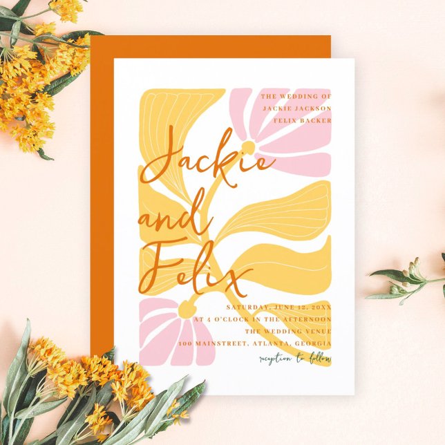 Invitación Groovy moderno margarita floral amarillo y rosa bo (Boho Chic Retro Colorful Floral Wedding Invitation)