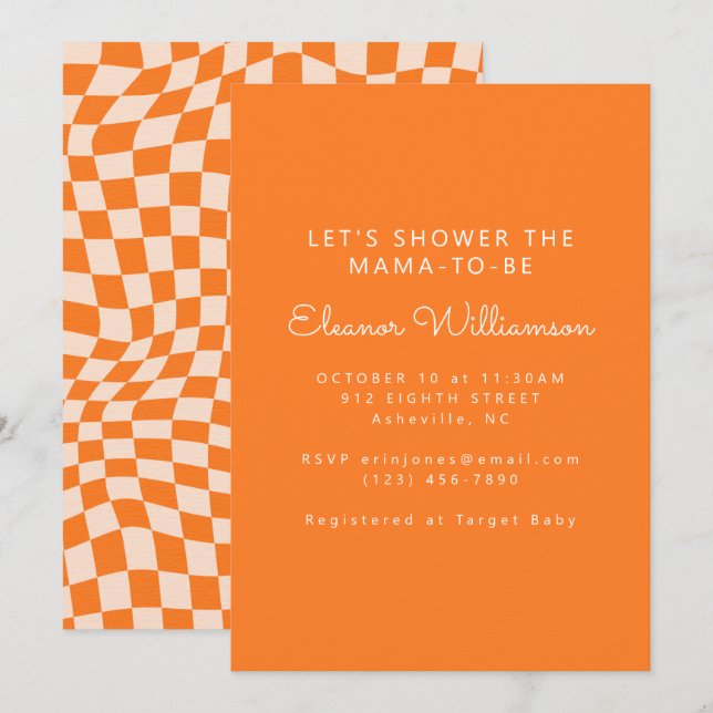 Invitación Groovy Naranja Resumen Checkerboard Baby Shower (Anverso / Reverso)
