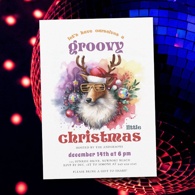Invitación Groovy Navidades Fiesta de Navidades graciosos ren (groovy little christmas hippie disco reindeer 70s nostalgia retro vintage party invitation)