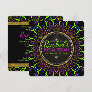 Invitación Groovy Neon Mandala Flor Bat Mitzvah
