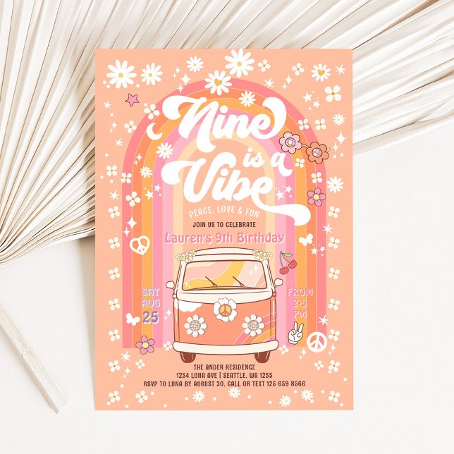 Invitación Groovy Nine es un cumpleaños 9 de Vibe Van Bus (Subido por el creador)