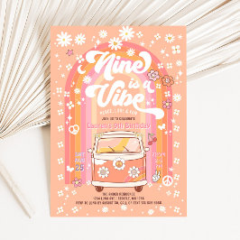 Invitación Groovy Nine es un Vibe Van Bus 9 cumpleaños