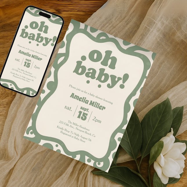 Invitación Groovy Oh Baby Shower | Retro 70s Sage Green (Subido por el creador)