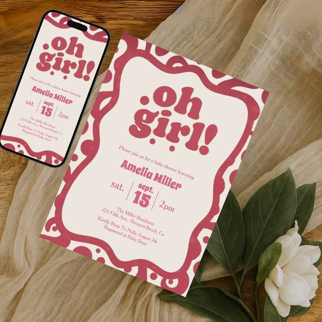 Invitación Groovy Oh Girl | Retro Pink 70s baby shower (Subido por el creador)