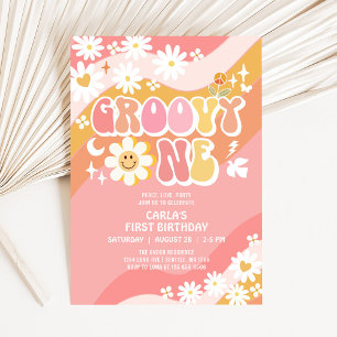 Invitación Groovy ONE 1er Cumpleaños Daisy Hippie Años 70 Ret