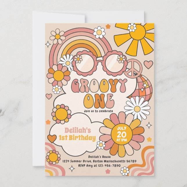 Invitación Groovy One 70 Flower Power Rainbow Birthday Party (Anverso)