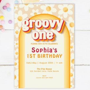 Invitación Groovy One Boho Daisy Rainbow Primer cumpleaños In