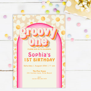 Invitación Groovy One Boho Daisy Rainbow Primer cumpleaños In