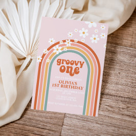 Invitación Groovy One boho margarita arcoíris primer cumpleañ