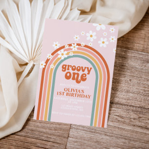 Invitación Groovy One boho margarita arcoíris primer cumpleañ