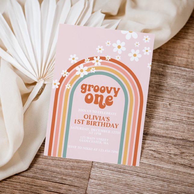 Invitación Groovy One boho margarita arcoíris primer cumpleañ (Subido por el creador)