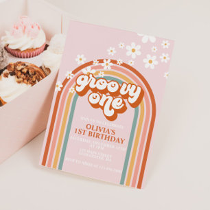 Invitación Groovy One boho margarita arcoíris primer cumpleañ