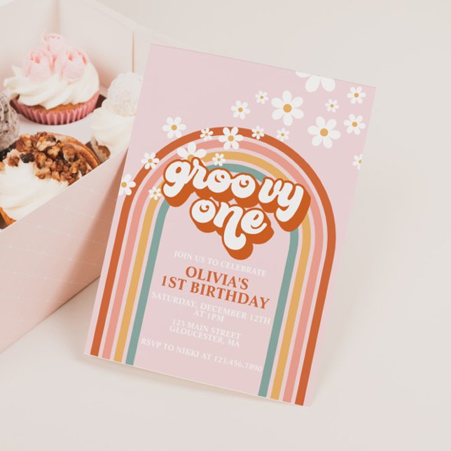Invitación Groovy One boho margarita arcoíris primer cumpleañ (Subido por el creador)