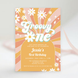 Invitación Groovy One Boho Retro Daisy Sunshine primer cumple