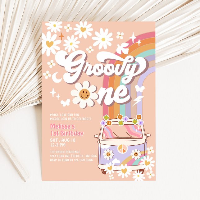 Invitación Groovy ONE cumpleaños Hippie Retro 70's (Subido por el creador)