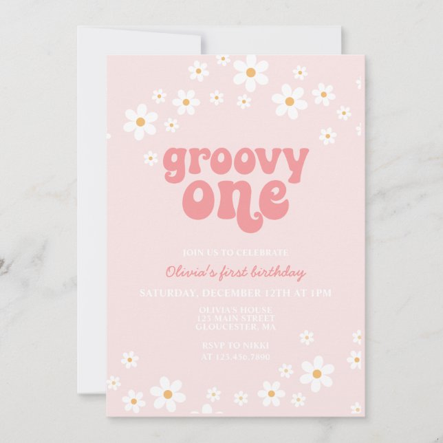 Invitación Groovy One daisy boho floral primer cumpleaños (Anverso)
