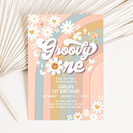 Invitación Groovy ONE Daisy Hippie Años 70 Retro 1er Cumpleañ