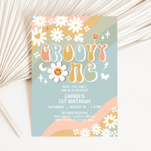 Invitación Groovy ONE Daisy Hippie Años 70 Retro 1er Cumpleañ