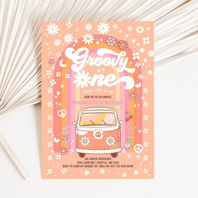 Invitación Groovy ONE Daisy Peach Arcoíris 1er Cumpleaños (Subido por el creador)