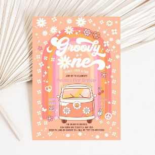 Invitación Groovy ONE Daisy Peach Rainbow 1er Cumpleaños