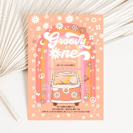 Invitación Groovy ONE Daisy Peach Rainbow Primer cumpleaños