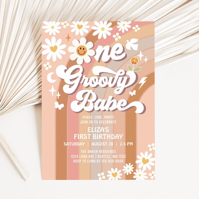 Invitación Groovy ONE Daisy Rainbow Beige Cumpleaños 1 (Subido por el creador)