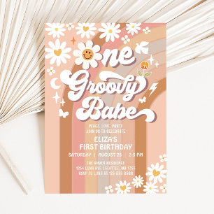 Invitación Groovy ONE Daisy Rainbow Beige Primer cumpleaños