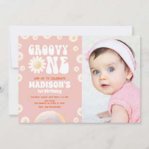 Invitación Groovy One Daisy Rainbow Foto Retro Cumpleaños 1 a