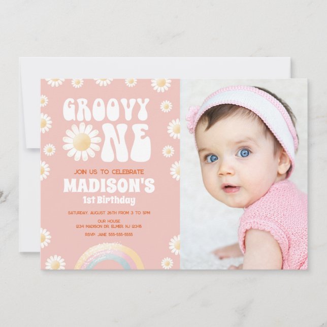 Invitación Groovy One Daisy Rainbow Foto Retro Cumpleaños 1 a (Anverso)