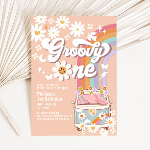 Invitación Groovy ONE Daisy Rainbow Hippie 70, primer cumplea