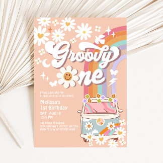 Invitación Groovy ONE Daisy Rainbow Hippie 70, primer cumplea