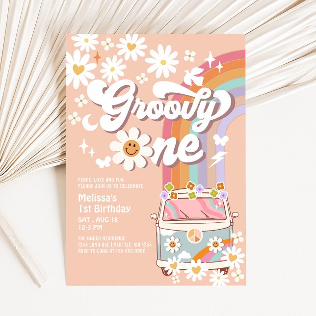 Invitación Groovy ONE Daisy Rainbow Hippie 70, primer cumplea (Subido por el creador)