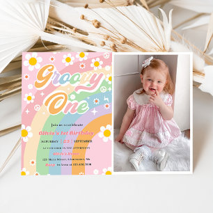 Invitación Groovy One Daisy Rainbow Primer cumpleaños foto Fi