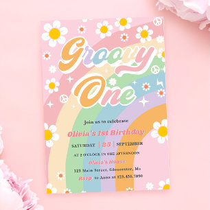 Invitación Groovy One Daisy Rainbow Primer Fiesta de cumpleañ