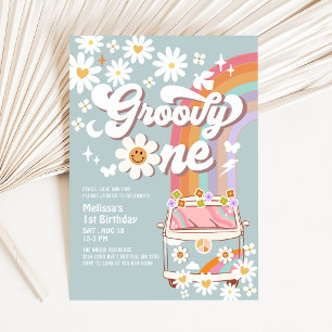 Invitación Groovy ONE Dusty Blue Daisy Hippie Primer cumpleañ