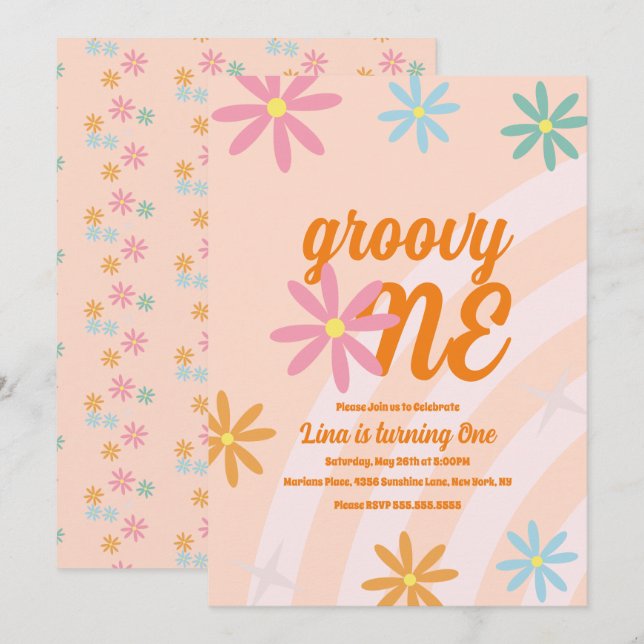 Invitación Groovy One Floral Primera Cumpleaños Fiesta Retro (Anverso / Reverso)