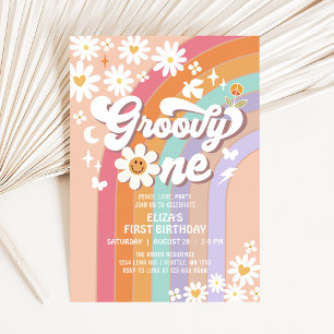 Invitación Groovy ONE Hippie 70's Rainbow Retro Primer cumple