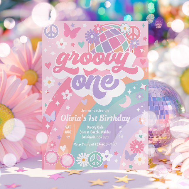 Invitación Groovy One Pastel Pink Rainbow Primer Fiesta de cu (Subido por el creador)