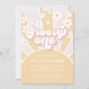 Invitación Groovy One Pastel Retro Sol margarita Rosa