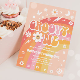 Invitación Groovy One Peace Love Fiesta Rainbow Birday Party