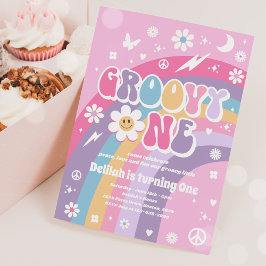 Invitación Groovy One Peace Love Fiesta Rainbow Birday Party