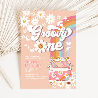 Invitación Groovy ONE Pink Daisy Rainbow Hippie Primer cumple